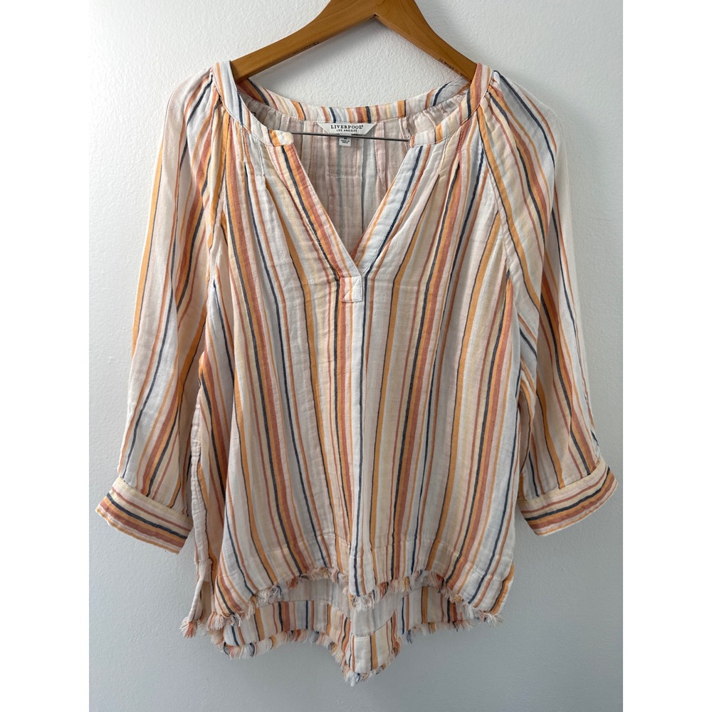 Liverpool Los Angeles Striped 3/4-Raglan Sleeve Top 100% Cotton Frayed Hem Boho